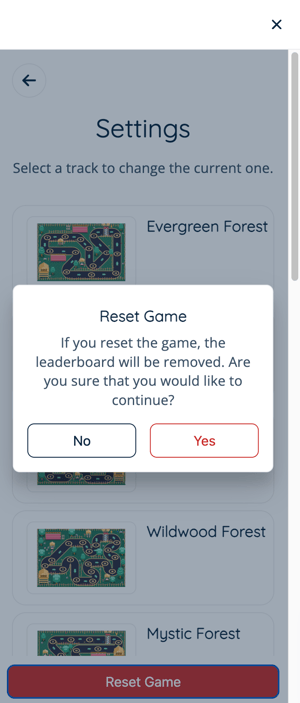 App - Race - Drawer - Settings - Reset Game - Admin