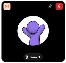 Square video tile showing a user named Sam B with a purple avatar icon. An orange broadcast icon in the top left corner signals that the user is currently broadcasting to others in the world.