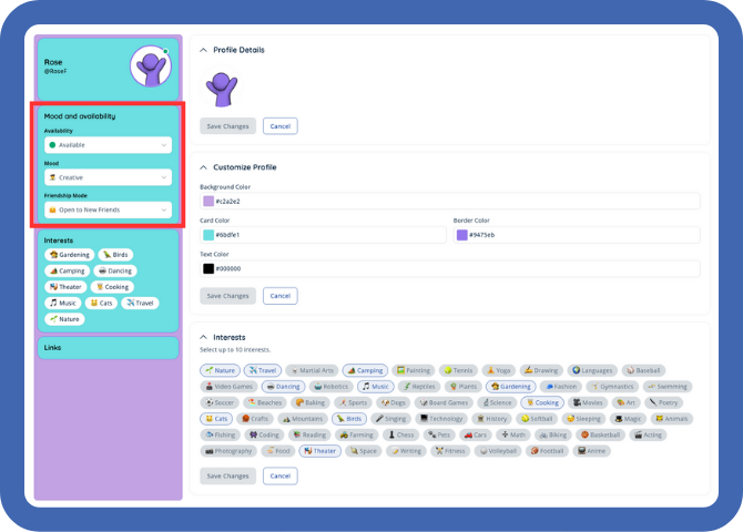 Dashboard - Availability Mood Friendship Mode - Highlight - Frame