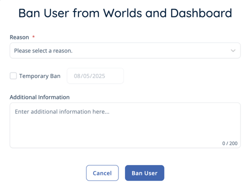 Dashboard - Ban User Worlds and Dashboard