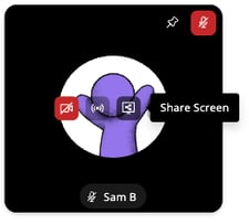 Square video tile showing a user named Sam B with a purple avatar icon. A tooltip labeled ‘Share Screen’ appears above the screen share button in the center of the tile. The screen share button is the third button from the left. 