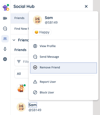 Sidebar - Social Hub - Remove Friend - Student