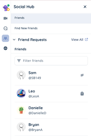 An image displaying the options available when the Social Hub button on the left sidebar is selected in SchoolSpace.