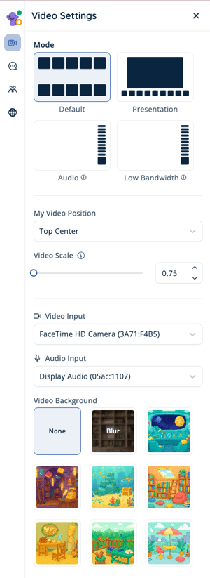 An image displaying the options available when the Video Settings button on the left sidebar is selected in SchoolSpace.