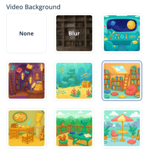 Nine video background options under the heading ‘Video Background.’ Options include: None, Blur, and seven illustrated scenes such as a space station, underwater world, cozy library, magic study, museum, nature deck, and rooftop café. The cozy library background is currently selected.
